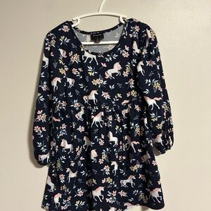 Picapino 4t Navy & pink long sleeve Dress with Unicorn and Floral Print